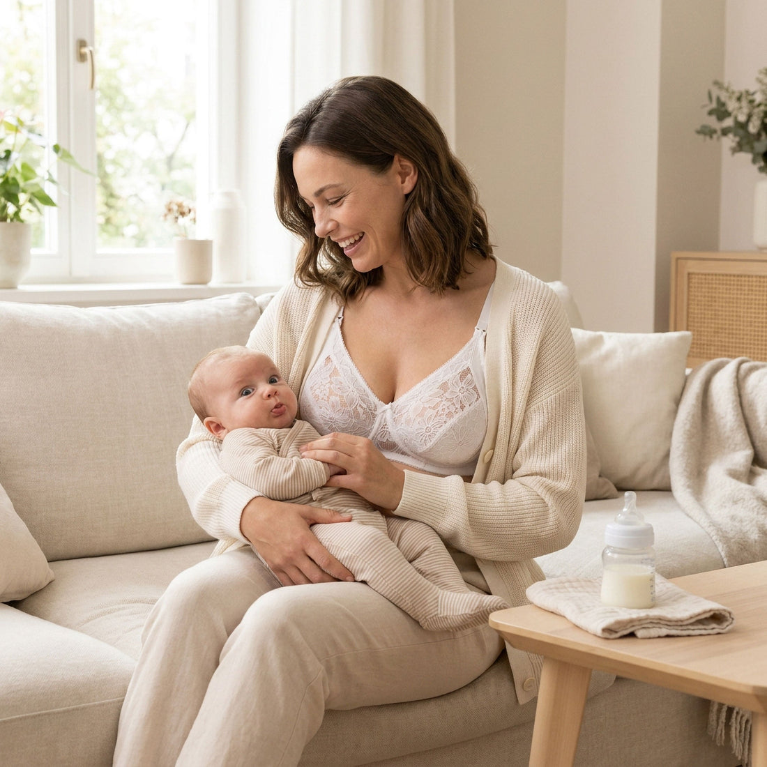 Mamma sorridente con neonato durante un momento quotidiano dedicato all’alimentazione