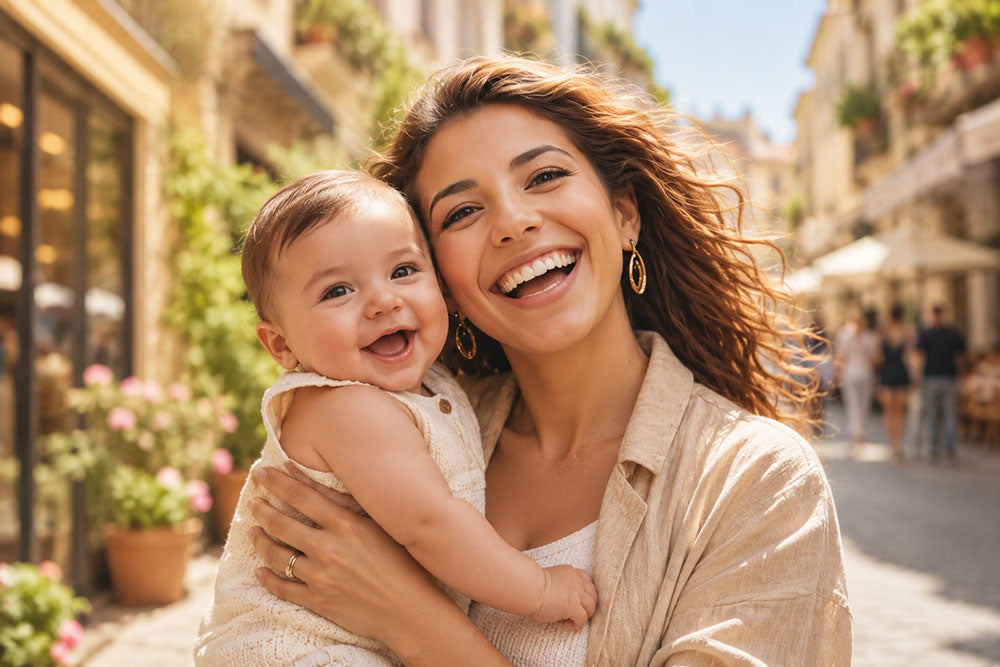 Mamma sorridente con bambino in una strada estiva, immagine newsletter MYSANITY per premaman, post parto e intimo baby